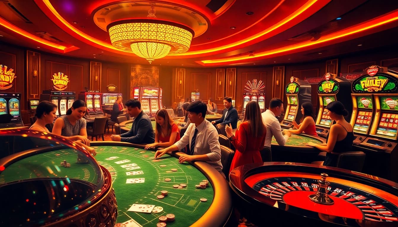 Engaged players at a luxurious uu88 casino, playing card games and enjoying a vibrant atmosphere.