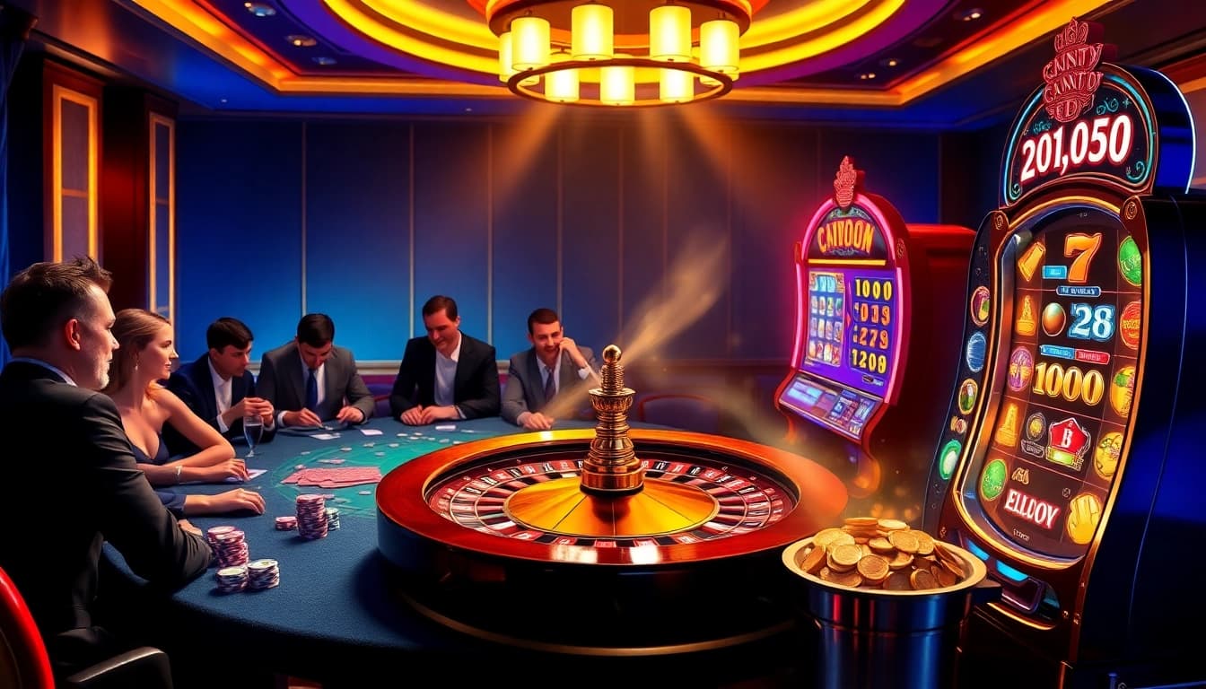 Experience luck8 uy tín at a luxury casino, highlighted by poker players, a roulette wheel, and slot machines.