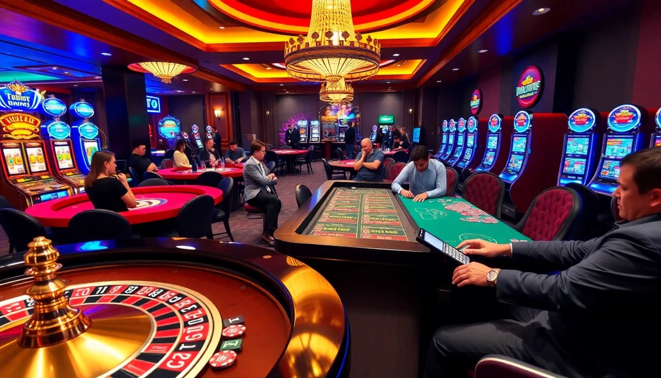 A thrilling casino scene showcasing the excitement of betting at 12nk88.com with poker tables and slot machines.