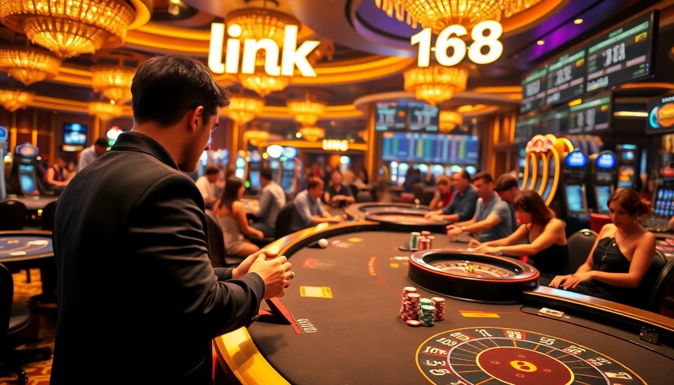 A bustling casino scene featuring a player preparing to place a bet at a table, highlighting the excitement of link F168.