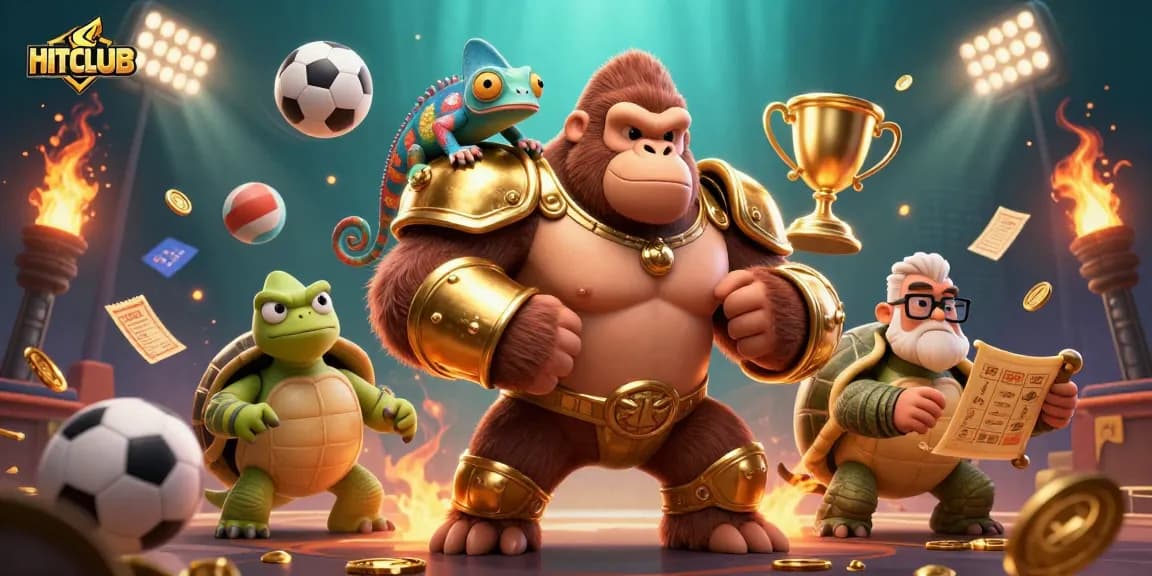Engage with HITCLUB's thrilling gaming world alongside a golden-armored gorilla and vibrant sports elements.