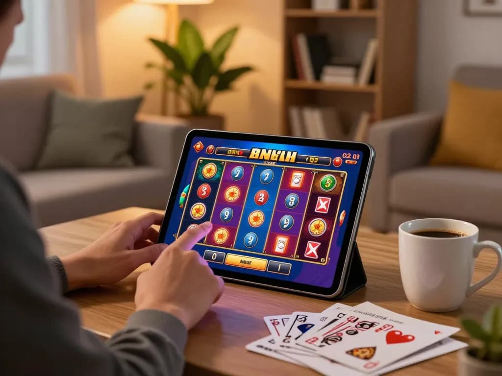 Zowin tablet gameplay with vibrant graphics and strategy notes in a cozy home environment.