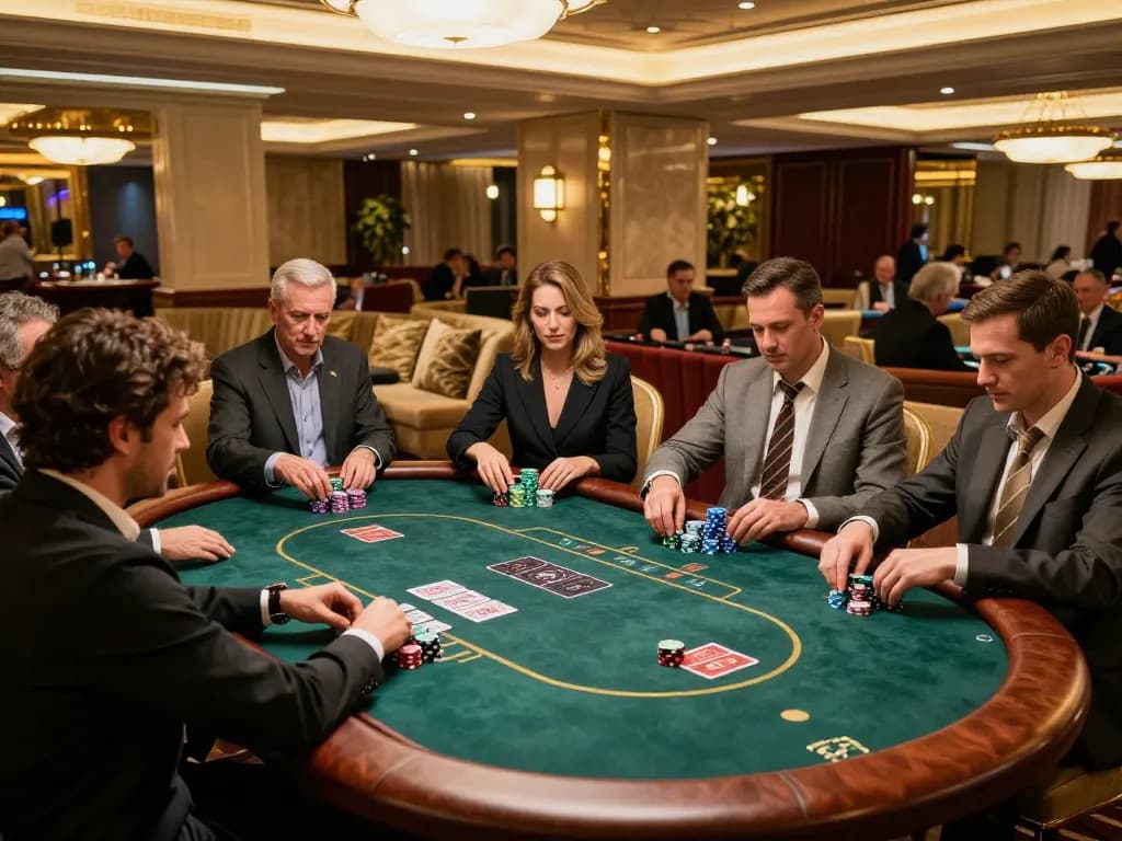 Players enjoying fun79 vip exclusive gaming experience at a luxurious poker table.