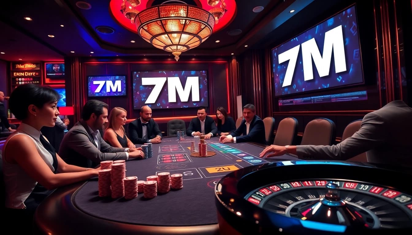Experience the thrill of gambling with 7M at an elite poker table, showcasing vibrant chips and players.