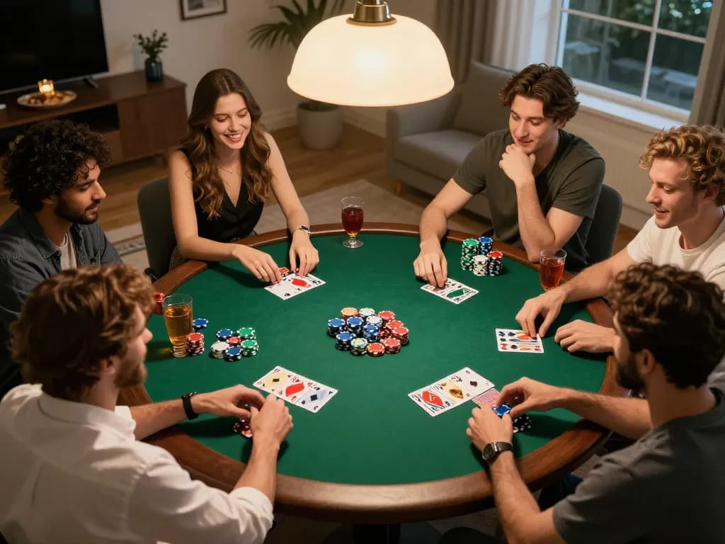 X88 poker night with friends enjoying cards, chips, and drinks in a cozy atmosphere.