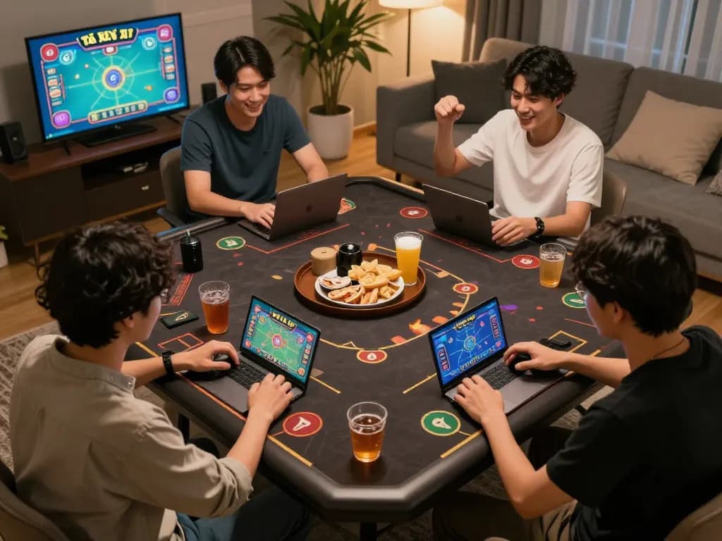 Tài Xỉu players enjoying an online game with devices and snacks in a cozy home setting