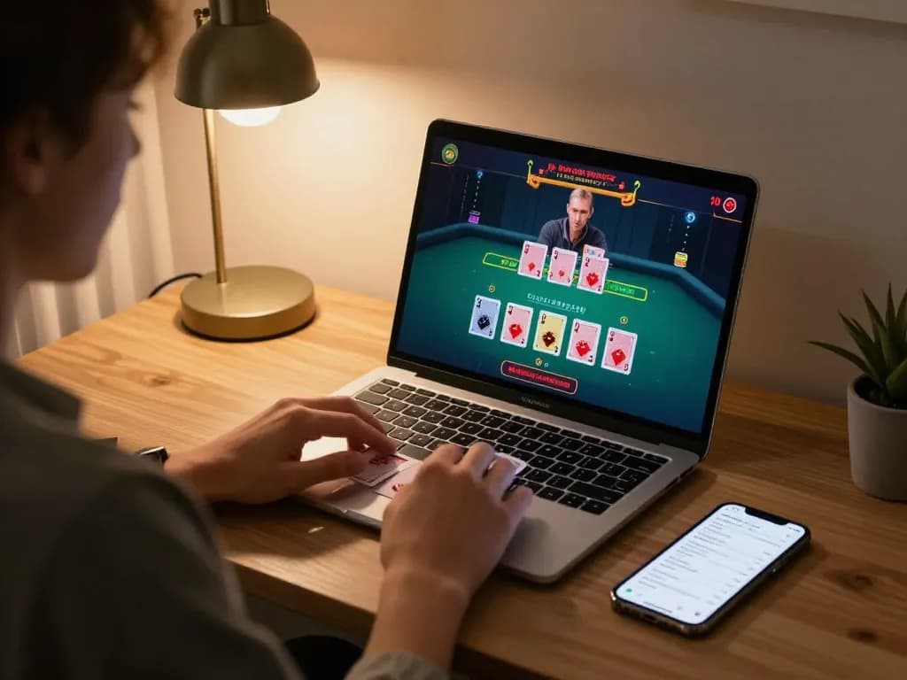 Player engaging in a live dealer game at home, showcasing 123Win co with chips and strategy notes.