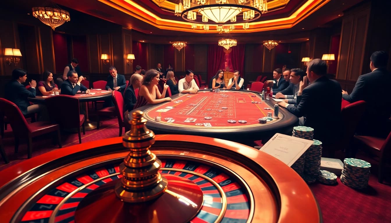 Engage with hidden wiki tor strategies at a vibrant poker table in a luxurious casino setting.
