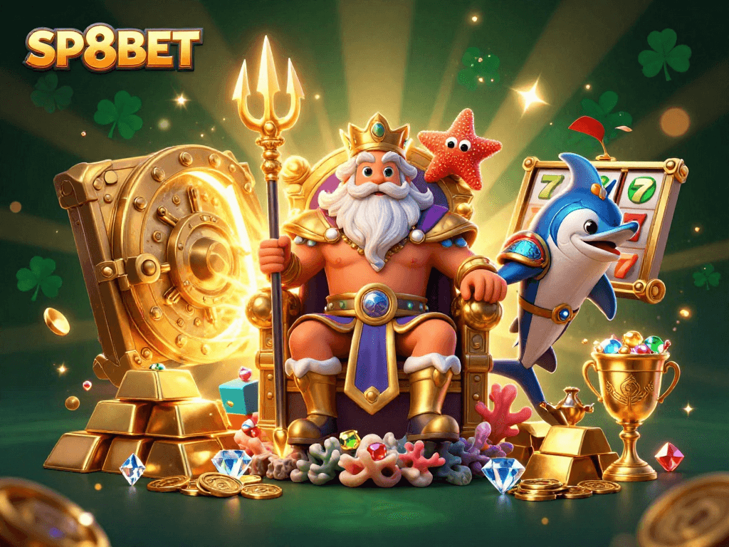 Experience exciting games at SP8BET with vibrant 3D illustration featuring Neptune and treasure.