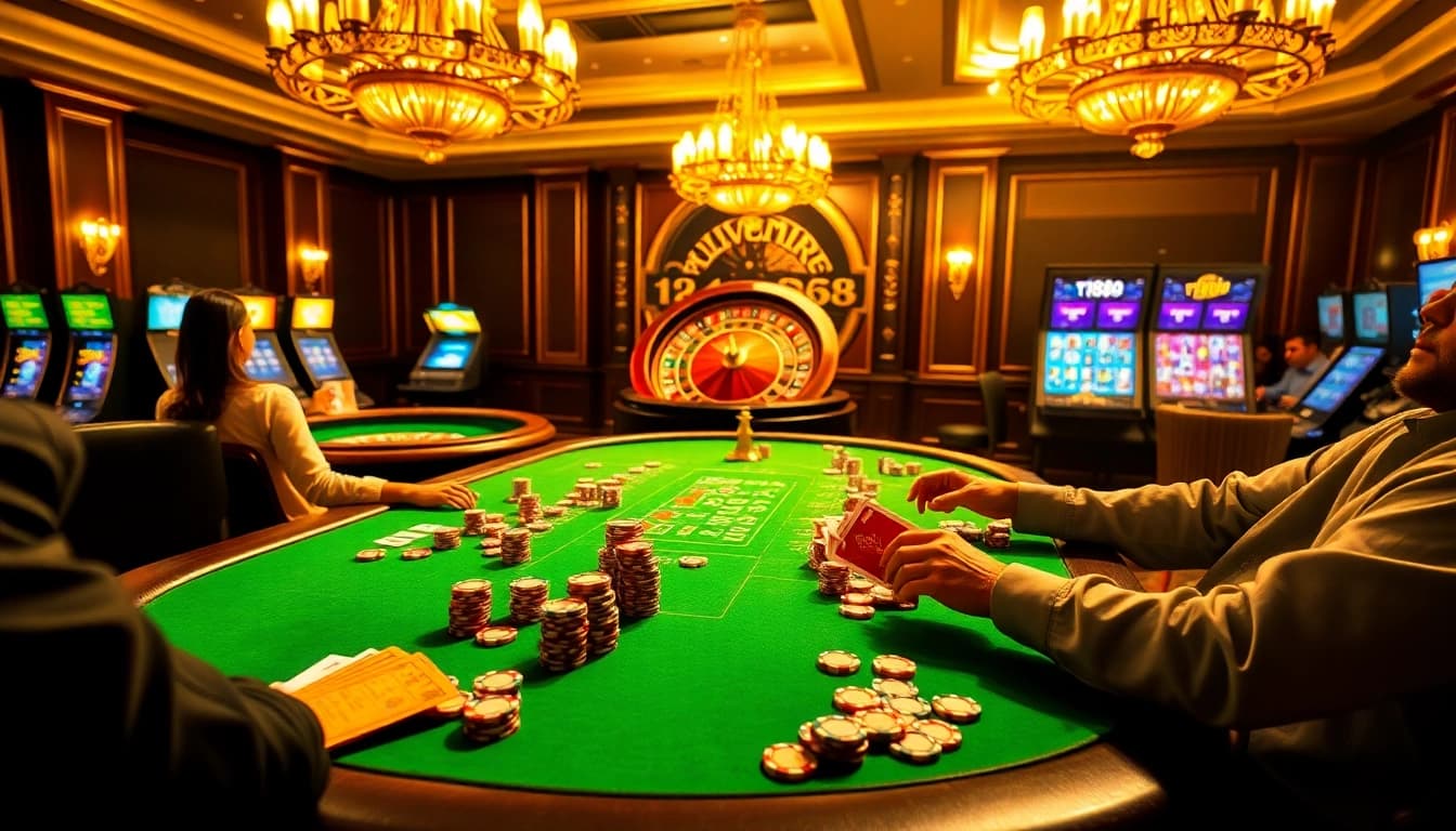 Experience the excitement at TV888 with lively poker gameplay and luxurious casino interiors.
