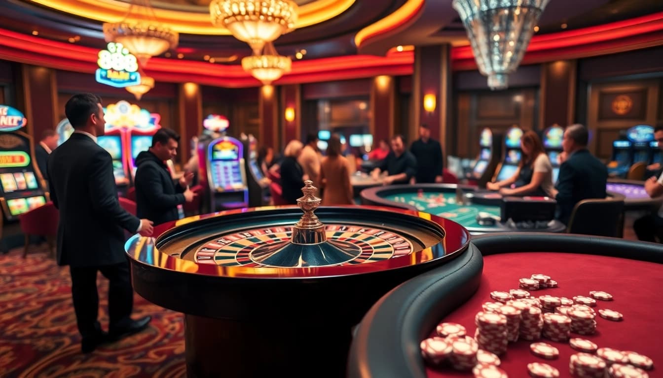 Excited players engaging at 888 P's casino tables, showcasing vibrant gaming action.