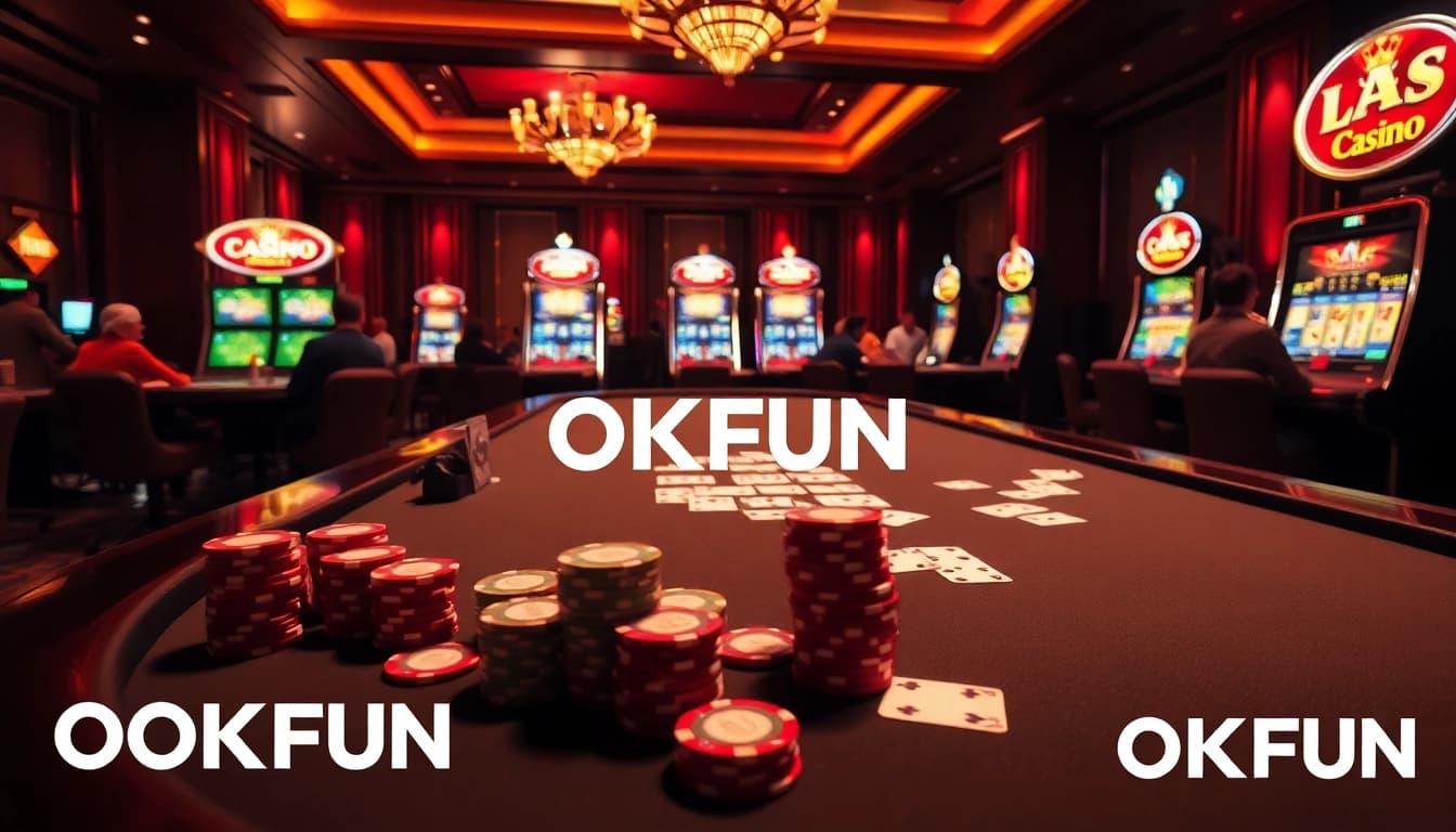 Play an exciting game at OKFUN's vibrant online casino, featuring poker chips and illuminated slot machines.