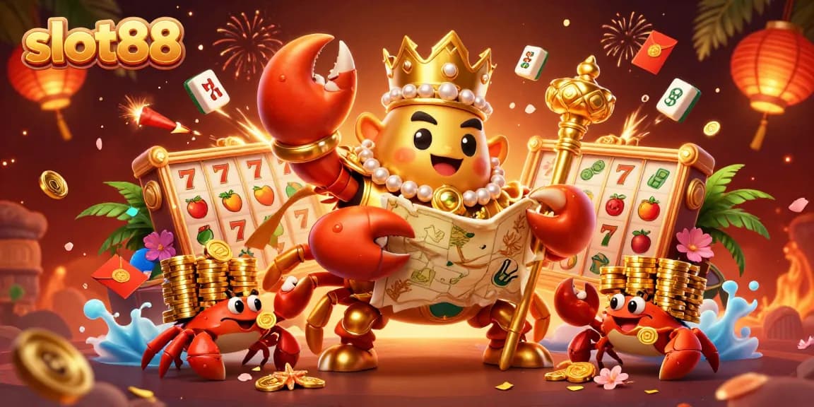 Spin to win with slot88: A vibrant illustration featuring a golden crab emperor and dynamic casino elements.