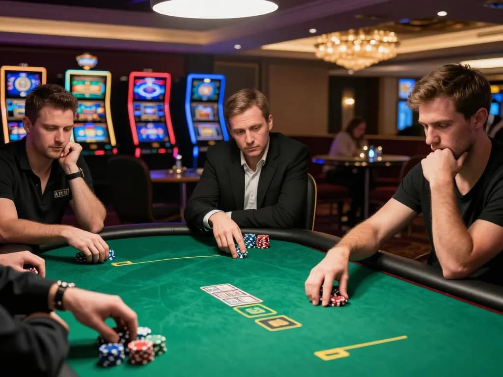 Players engaged in an intense LODE88 poker game at a high-stakes table, showcasing strategic gameplay.