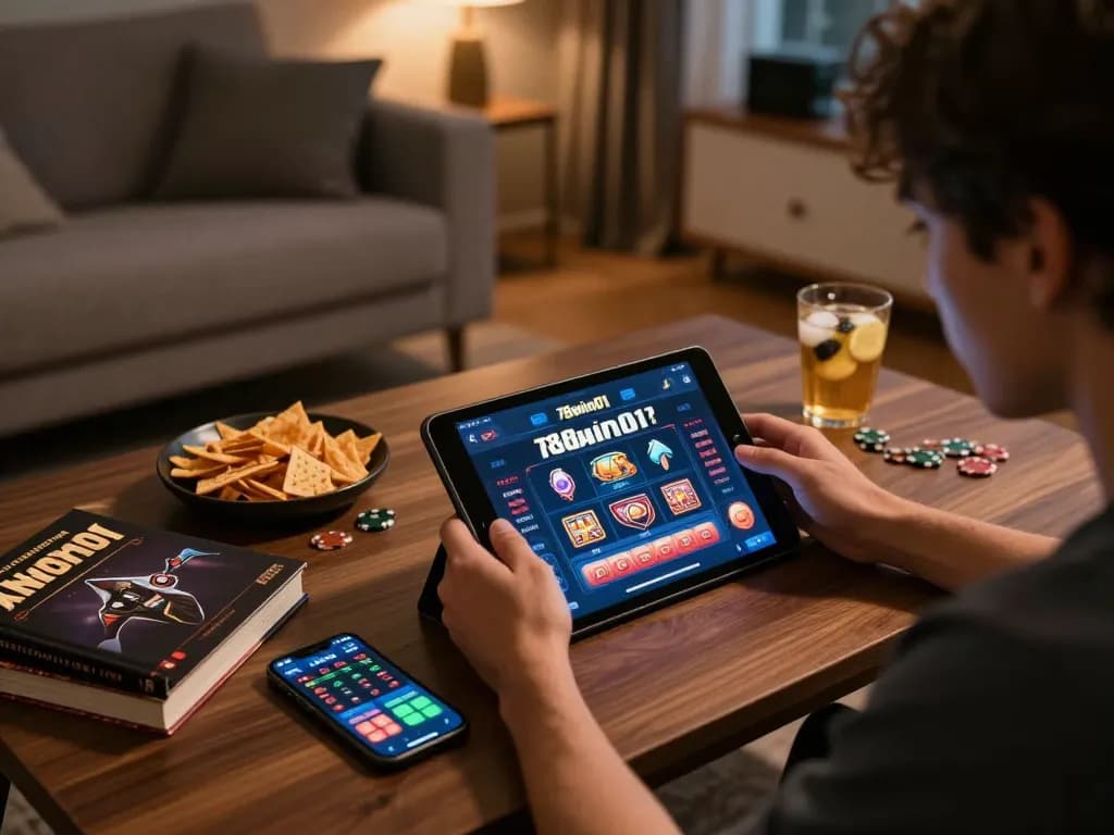 Player optimally engaging with 78win01 online casino app on tablet, showcasing live game interface amidst a cozy home setup.