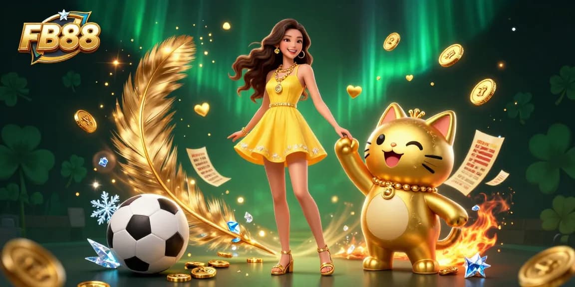 Win big at FB88 with a vibrant scene showcasing a joyful Asian woman and lucky cat amidst sports betting elements.