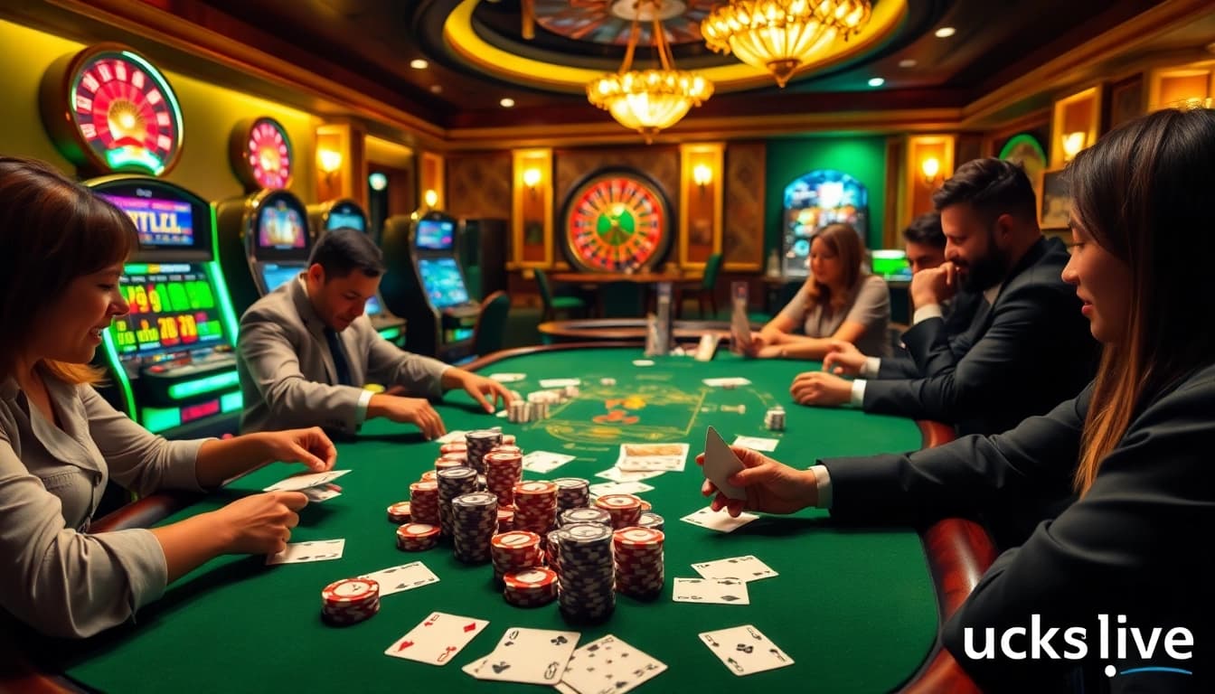 Exciting poker scene at luck8s.live with players strategizing bets at a luxurious table.
