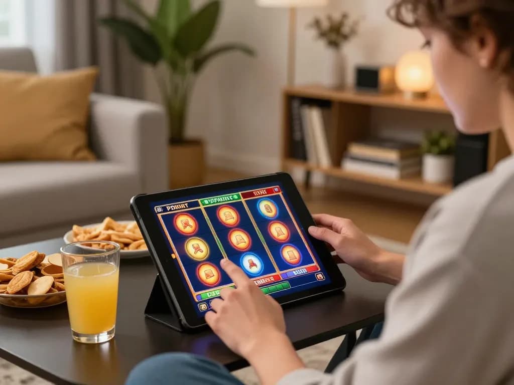 Playing LLWIN slot games on a tablet in a cozy home setting, showcasing the excitement of online gaming.
