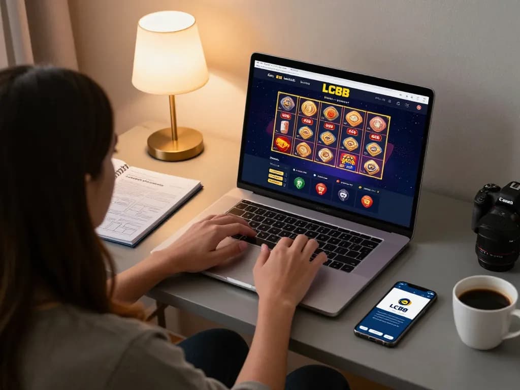 Engaged user playing at the LC88 bio online casino setup, showcasing strategy notes and gaming interface