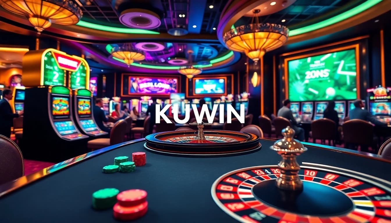 Engaged players enjoying a luxurious KUWIN casino experience at a poker table with vibrant chips and roulette wheel.