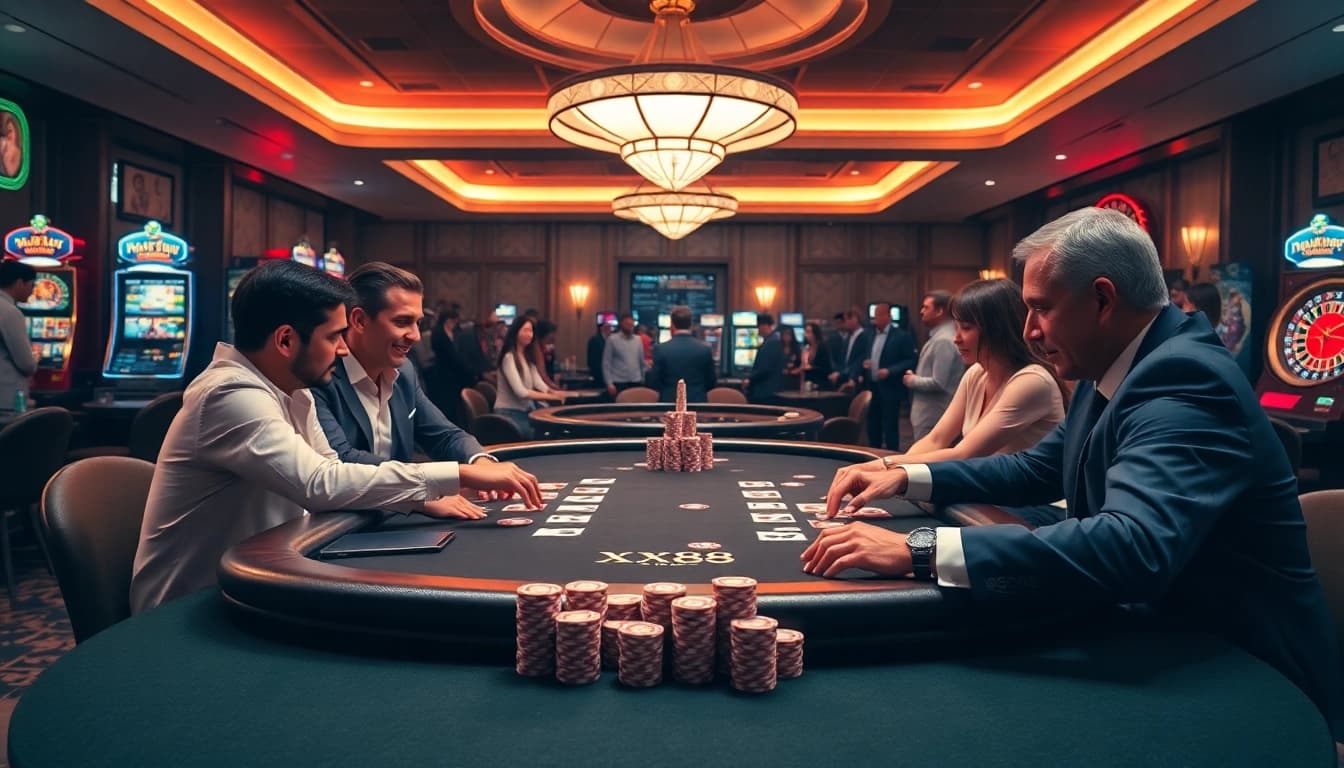 Experience high-stakes poker at XX88's elegant casino, showcasing excitement and luxury.