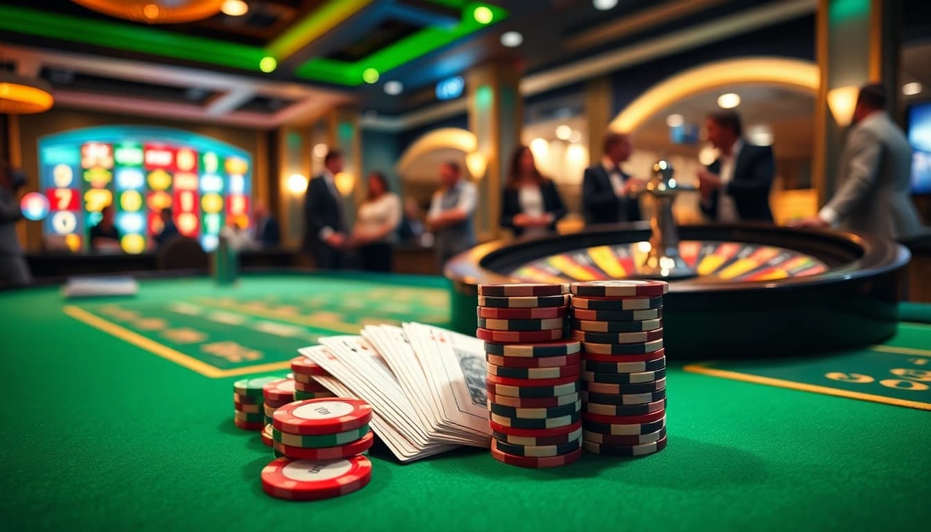 Experience thrilling gameplay at bj38 with vibrant poker chips and a roulette wheel.