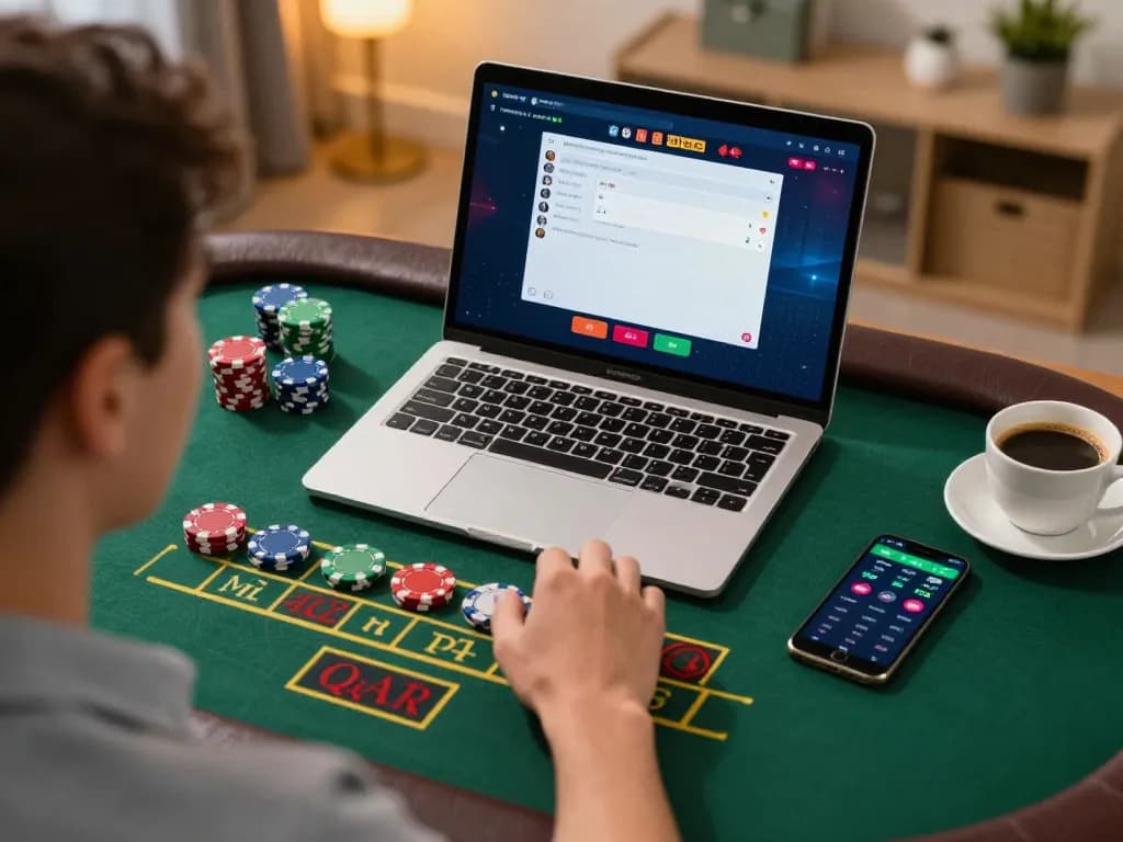 NOHU player engaging in a live dealer blackjack game from a cozy home setup, showcasing strategic betting and responsible gaming.