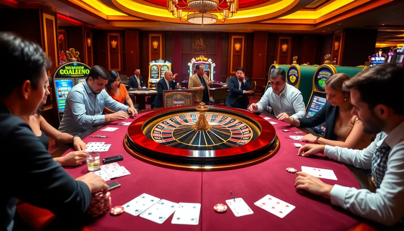 Experience the thrill of gambling at https://www.bdtk66.blog/ with vibrant casino scenes featuring roulette wheels and excited players.
