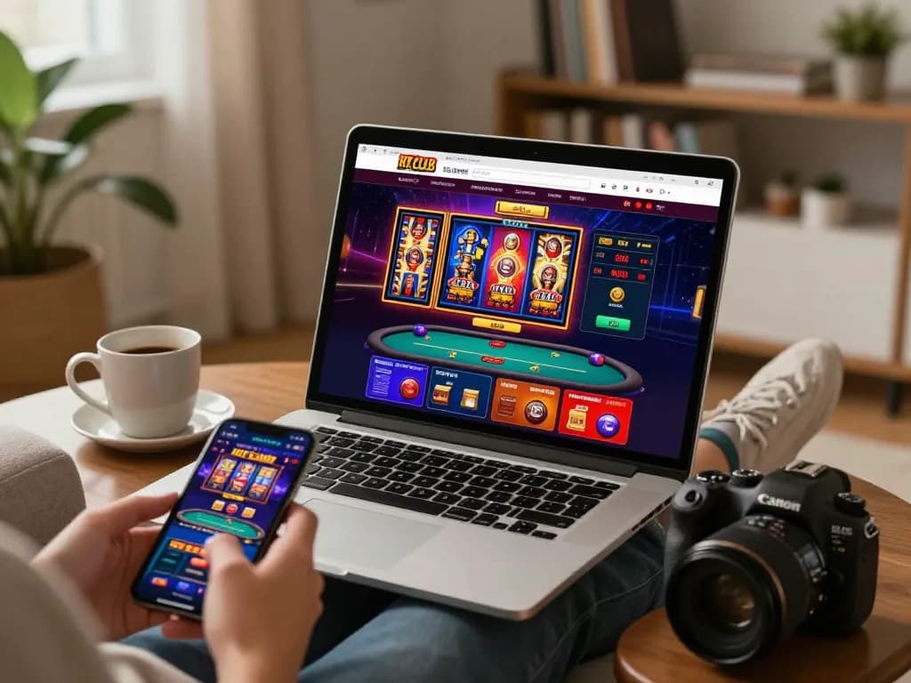 Experience HIT CLUB online gaming with vibrant slot machines and poker tables from a cozy home setup.