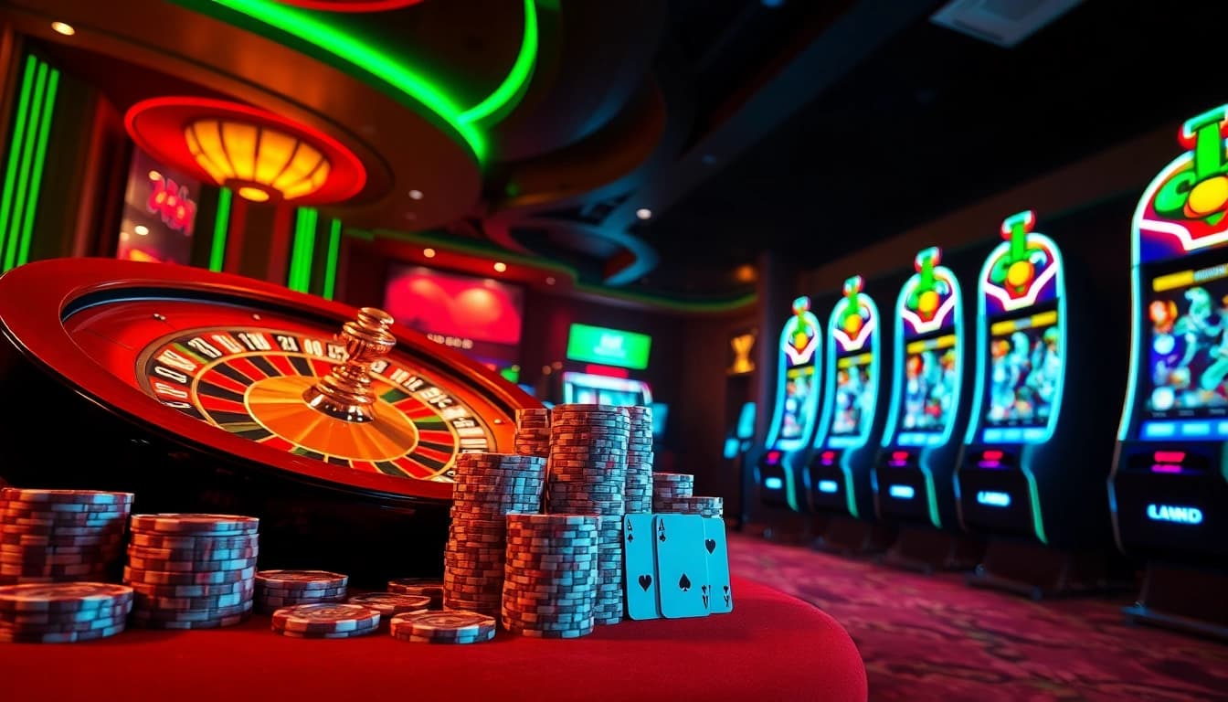 Experience the thrill of kp88 bet with vibrant casino visuals showcasing roulette, poker chips, and slot machines.