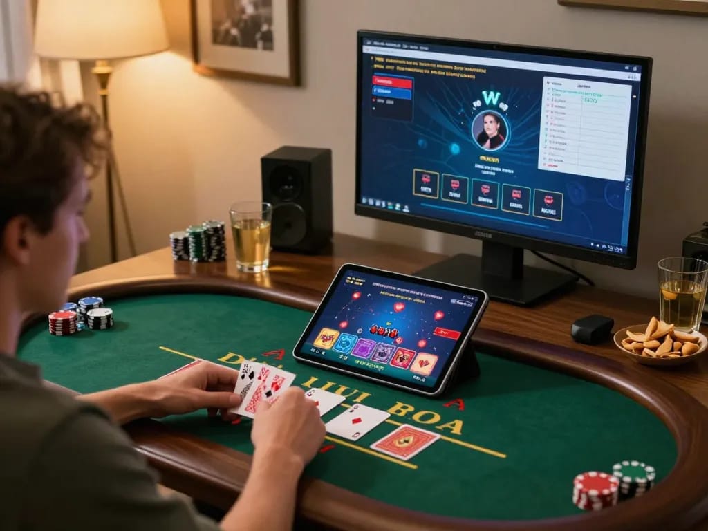 Engaged player enjoying 8LIVE blackjack game at home with snacks and drinks