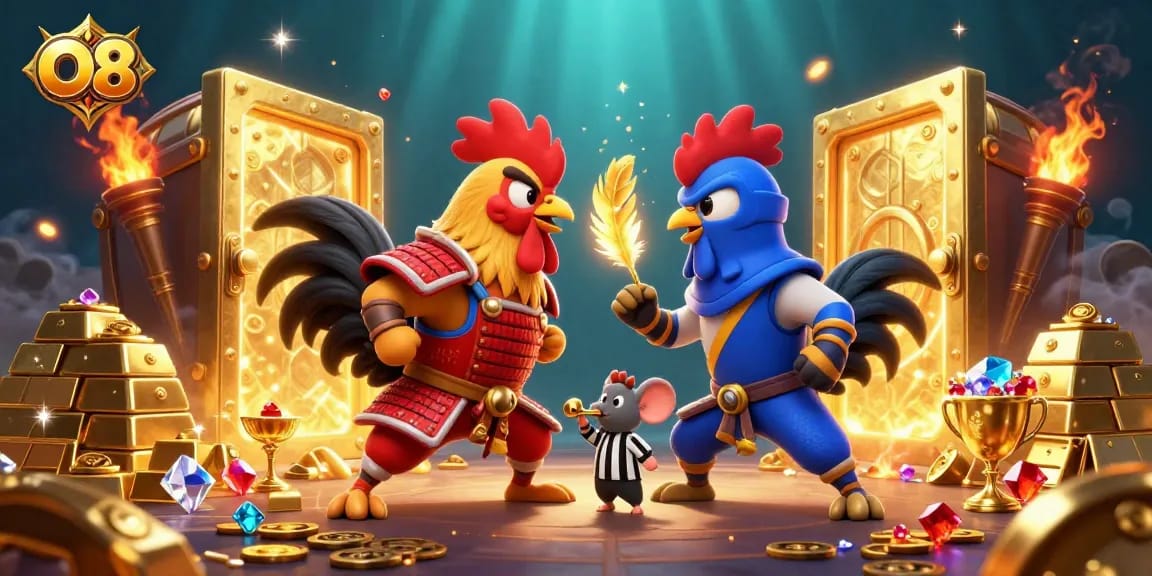Engage with O8's thrilling cockfighting scene featuring dynamic 3D roosters in an exciting showdown.