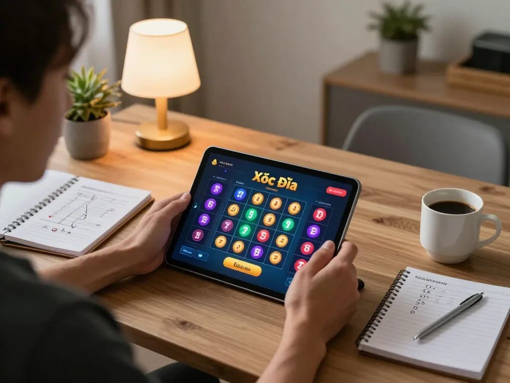 Xóc Đĩa Online gaming on a tablet with a cozy home atmosphere and strategic notes.
