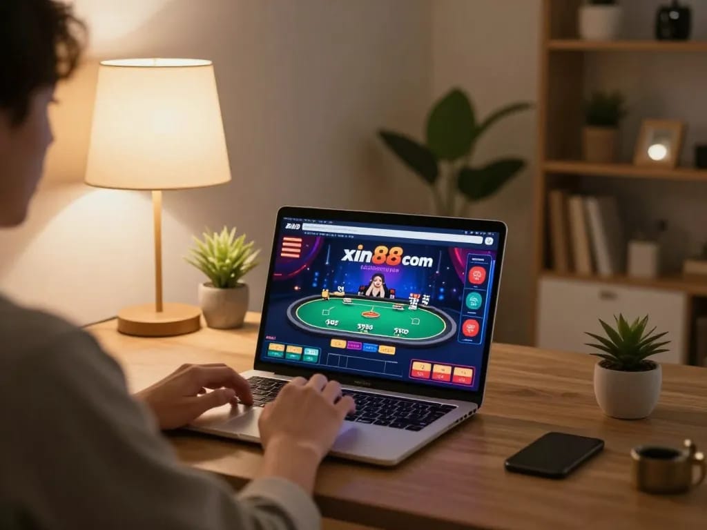 A person engaged in online gambling using the xin88 com platform, featuring a modern home setup with a cozy ambiance.