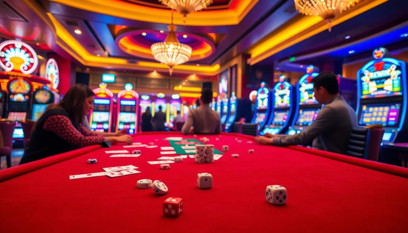 Players enjoying a thrilling game at the kkwin-themed casino table with vibrant chips and cards.