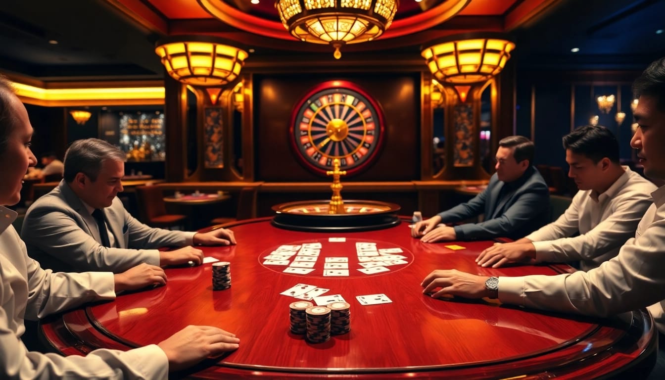 A dynamic gaming scene on 98win trang chủ showcasing poker action with players and chips at the table.