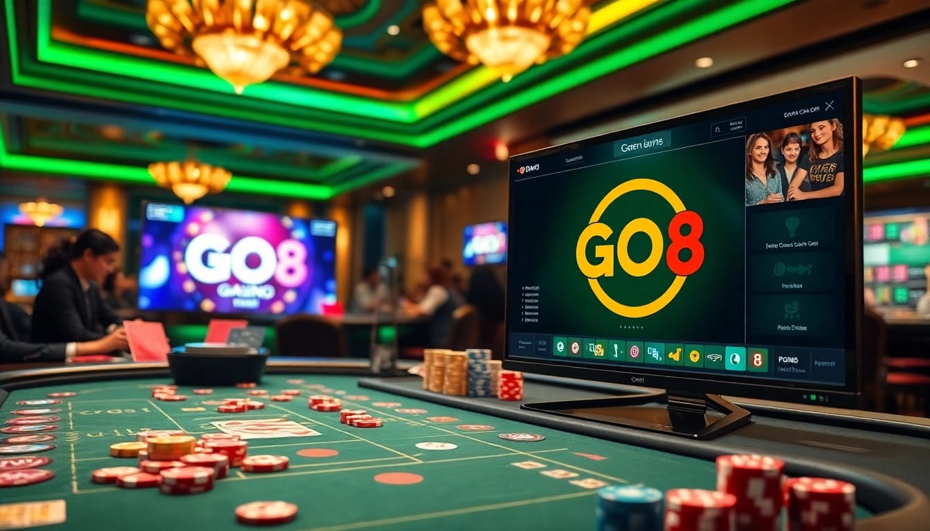 GO8 players celebrating a winning bet at a vibrant casino table filled with chips and cards.