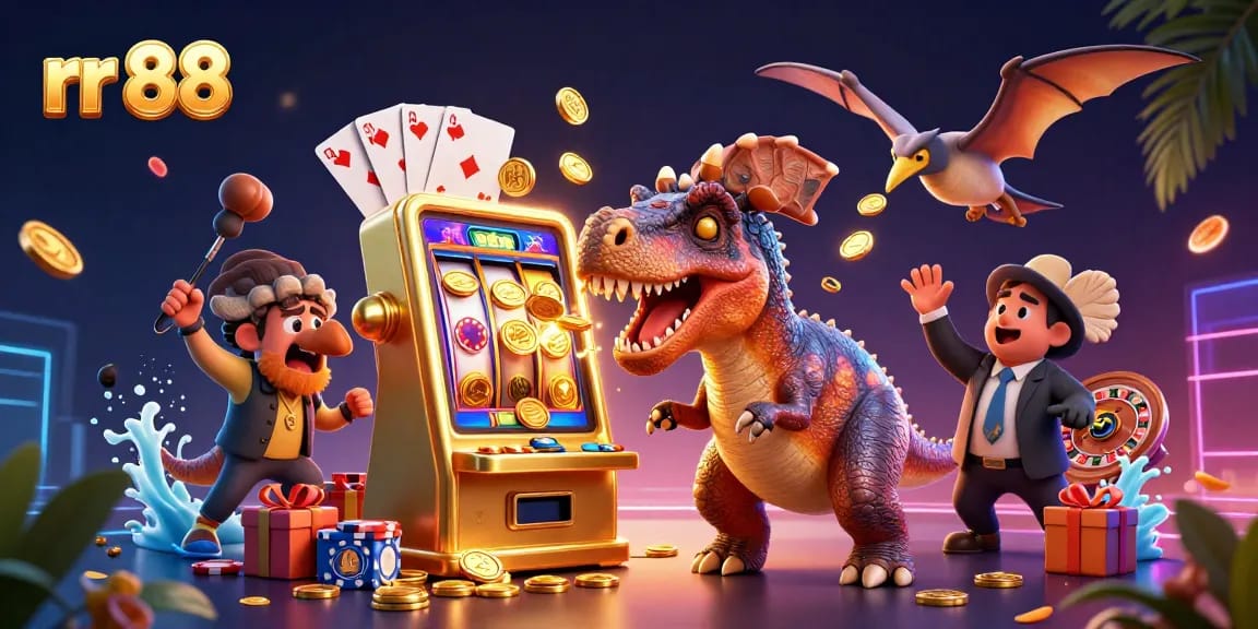 Win big at rr 88 as a pachycephalosaurus hits a jackpot slot with flying coins.