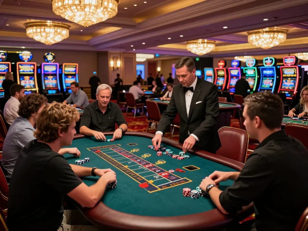 MM88 casino floor with players engaged in poker and roulette games surrounded by vibrant atmosphere