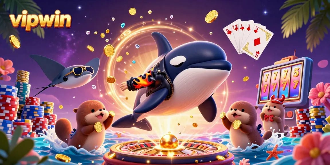 Experience the thrilling excitement at vipwin with a vibrant 3D casino scene showcasing a jumping orca, otters, and dynamic gaming elements.