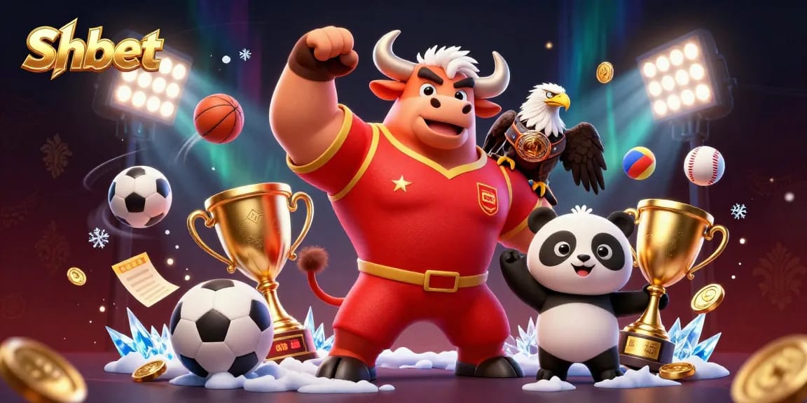 Shbet presents an exciting victory scene with a bull mascot, eagle, and panda celebrating amidst dynamic sports elements.