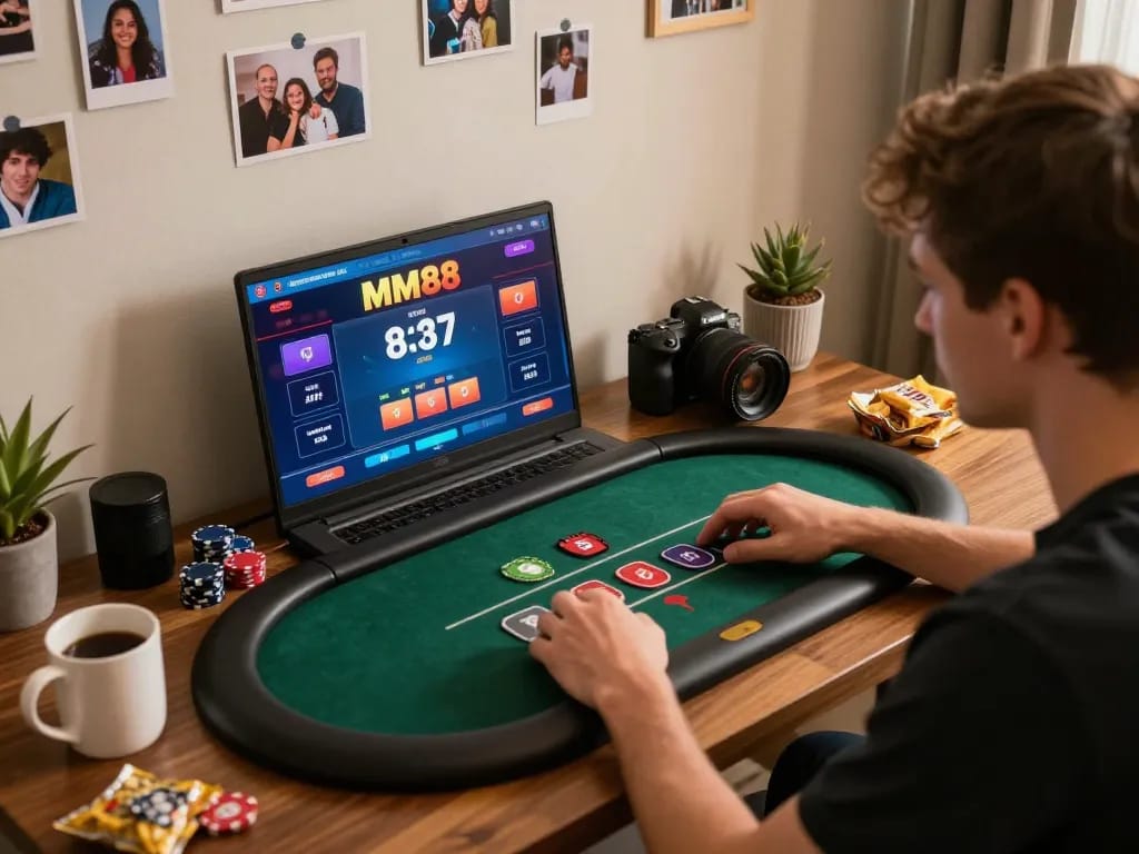 Engaging gameplay on MM88 poker interface in a cozy home office setup with ambient lighting.