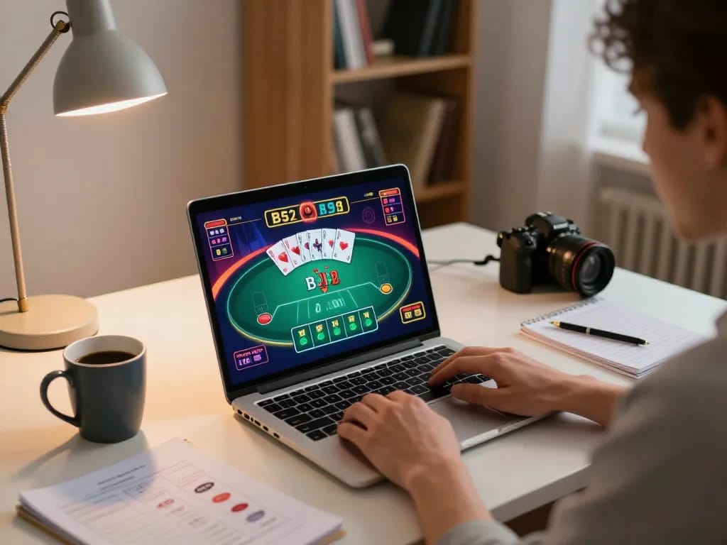 B52 online poker game in action, showcasing player engagement on laptop and strategic setup.