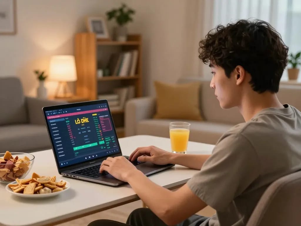 Engaging in Lô Đề Online gaming at home with snacks and drinks in a cozy atmosphere.