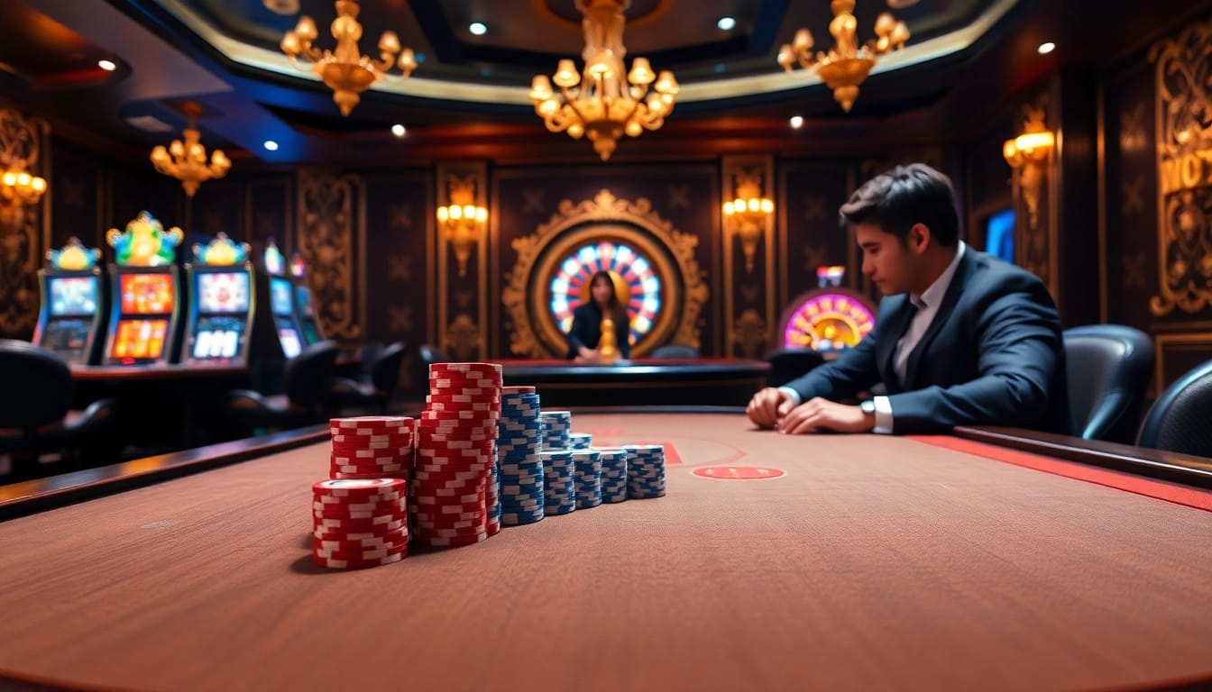 Engaged players enjoying Game bài 8KBET at an upscale casino table.