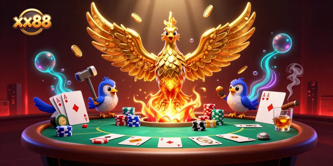 Experience thrilling gameplay with xx88 as molten gold coins and poker chips dance in a vibrant casino scene.