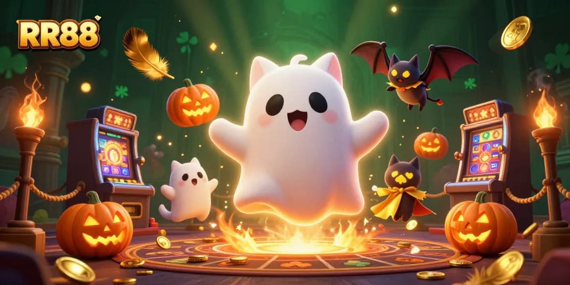 Experience thrilling adventures at RR88 casino featuring a ghostly character and vibrant casino elements.