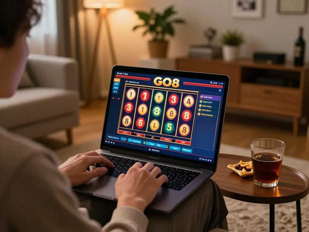 Player engaging with GO8 online slots interface in a cozy home setting with vibrant colors and inviting atmosphere