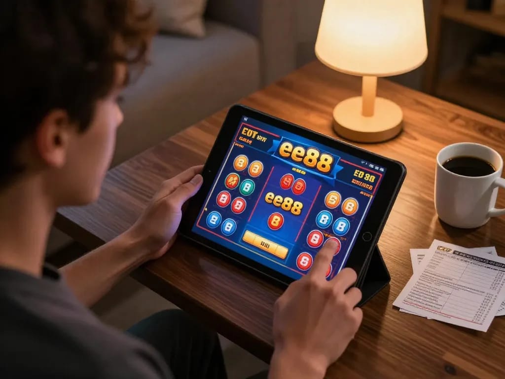 Player engaging with ee88 online gaming interface in a cozy home setting, depicting responsible gambling.