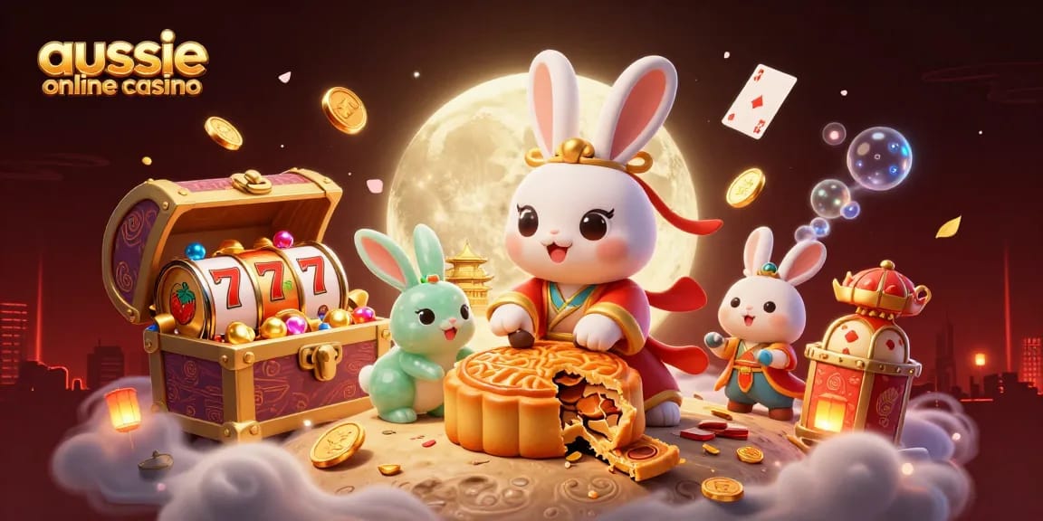Experience the thrill of aussie online casino as a moon rabbit reveals poker chips from mooncakes.